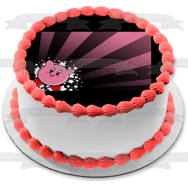 Kirby Stars Pink and a Purple Striped Background Edible Cake Topper Image ABPID01470