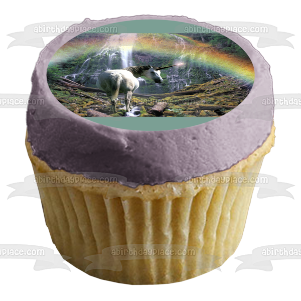 Adorno comestible para tarta con cascada y árboles, arcoíris, unicornio blanco, imagen ABPID01474 