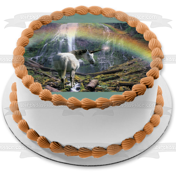 Adorno comestible para tarta con cascada y árboles, arcoíris, unicornio blanco, imagen ABPID01474 