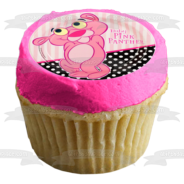 Baby Pink Panther Stripes and a Polka Dots Background Edible Cake Topper Image ABPID01475