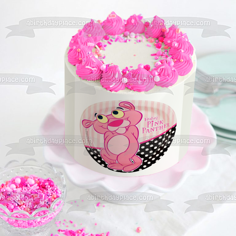 Baby Pink Panther Stripes and a Polka Dots Background Edible Cake Topper Image ABPID01475