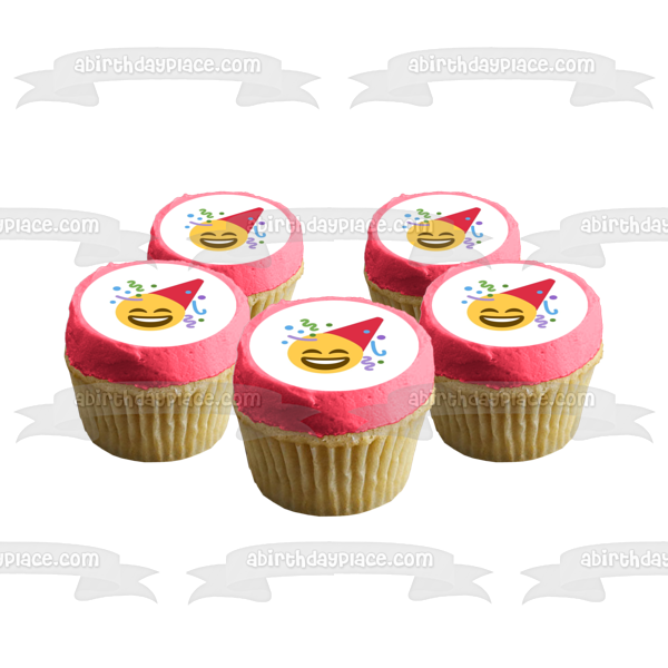 Party Hat Happy Emoji with Streamers Edible Cake Topper Image ABPID01506