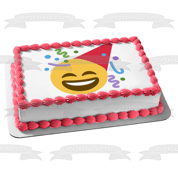 Party Hat Happy Emoji with Streamers Edible Cake Topper Image ABPID01506