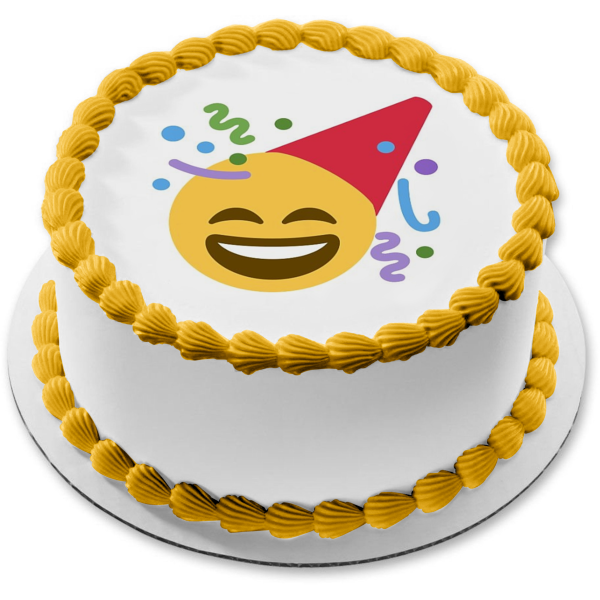 Sombrero de fiesta Emoji feliz con serpentinas Imagen comestible para decoración de tarta ABPID01506 