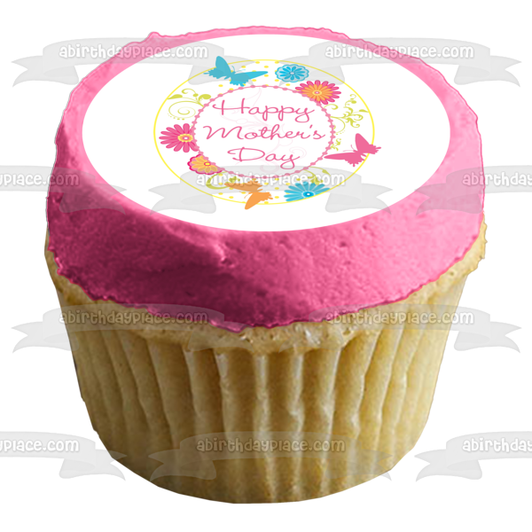 Happy Mother's Day Butterflies and Flowers Edible Cake Topper Image ABPID01635