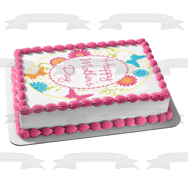 Happy Mother's Day Butterflies and Flowers Edible Cake Topper Image ABPID01635