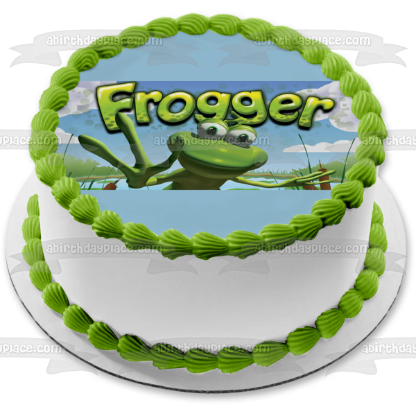 Imagen comestible para decoración de tarta con logotipo de Frogger, rana y nubes, ABPID01664 