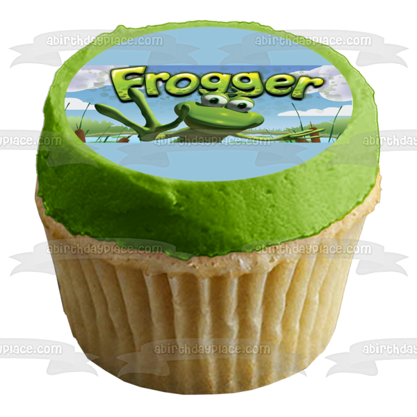 Imagen comestible para decoración de tarta con logotipo de Frogger, rana y nubes, ABPID01664 