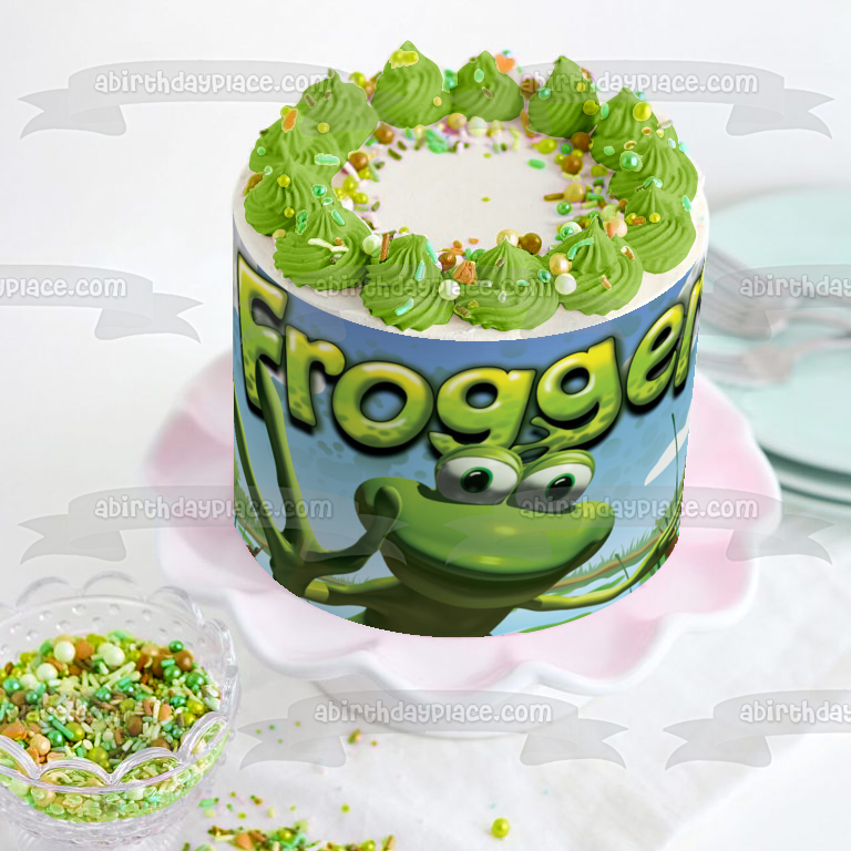 Imagen comestible para decoración de tarta con logotipo de Frogger, rana y nubes, ABPID01664 