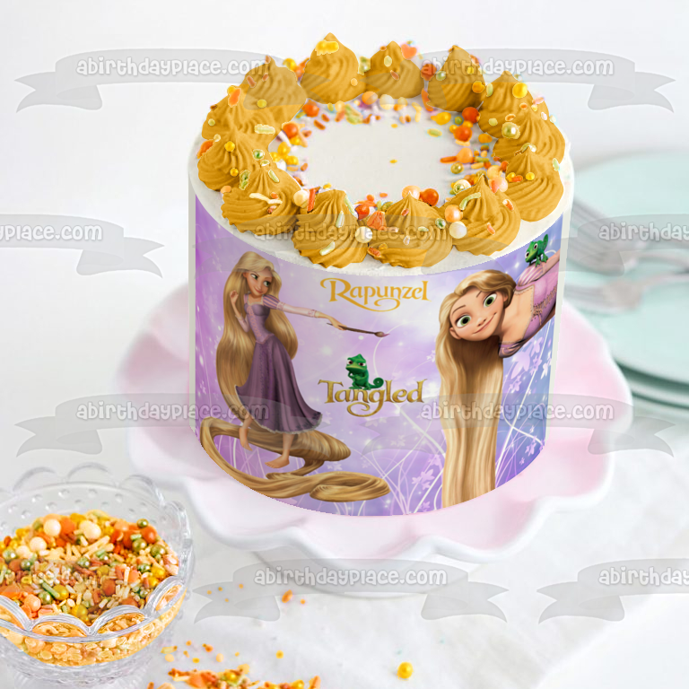 Adorno comestible para tarta con flores de Rapunzel enredadas y Pascal, imagen ABPID01745 