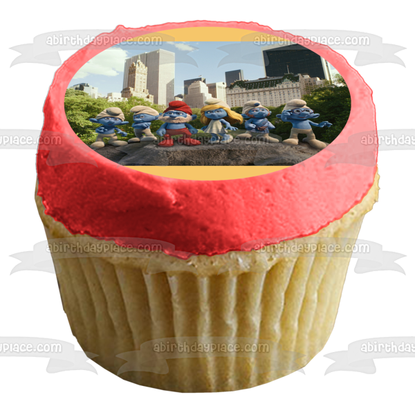 The Smurfs Central Park Papa Smurf Smurfette Grouchy Smurf Brainy Smurf and Gusty Smurf In Central Park Edible Cake Topper Image ABPID01769