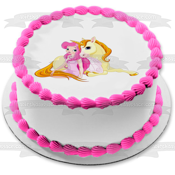 Adorno comestible para tarta con unicornio amarillo y hada rosa, imagen ABPID01813 