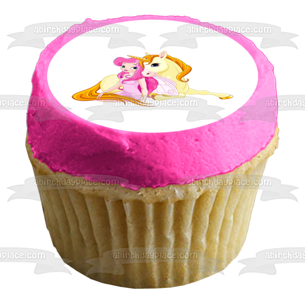 Adorno comestible para tarta con unicornio amarillo y hada rosa, imagen ABPID01813 