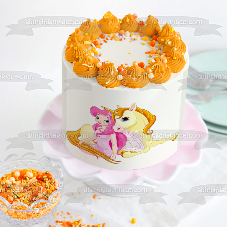 Adorno comestible para tarta con unicornio amarillo y hada rosa, imagen ABPID01813 