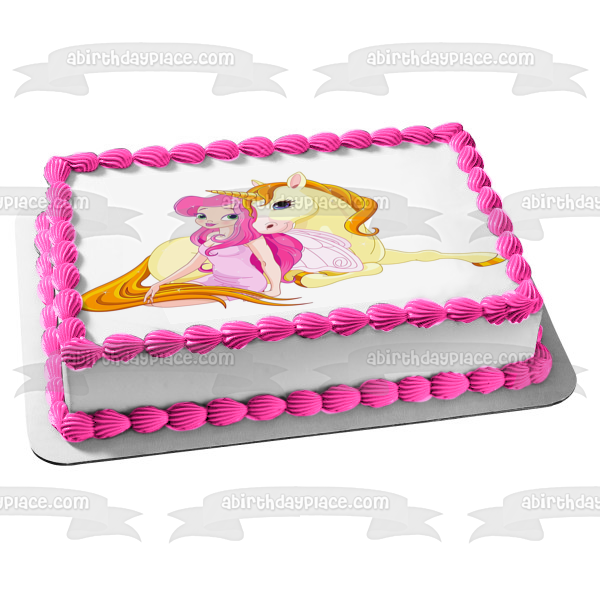 Adorno comestible para tarta con unicornio amarillo y hada rosa, imagen ABPID01813 