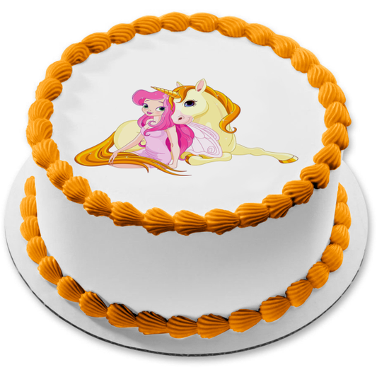 Adorno comestible para tarta con unicornio amarillo y hada rosa, imagen ABPID01813 