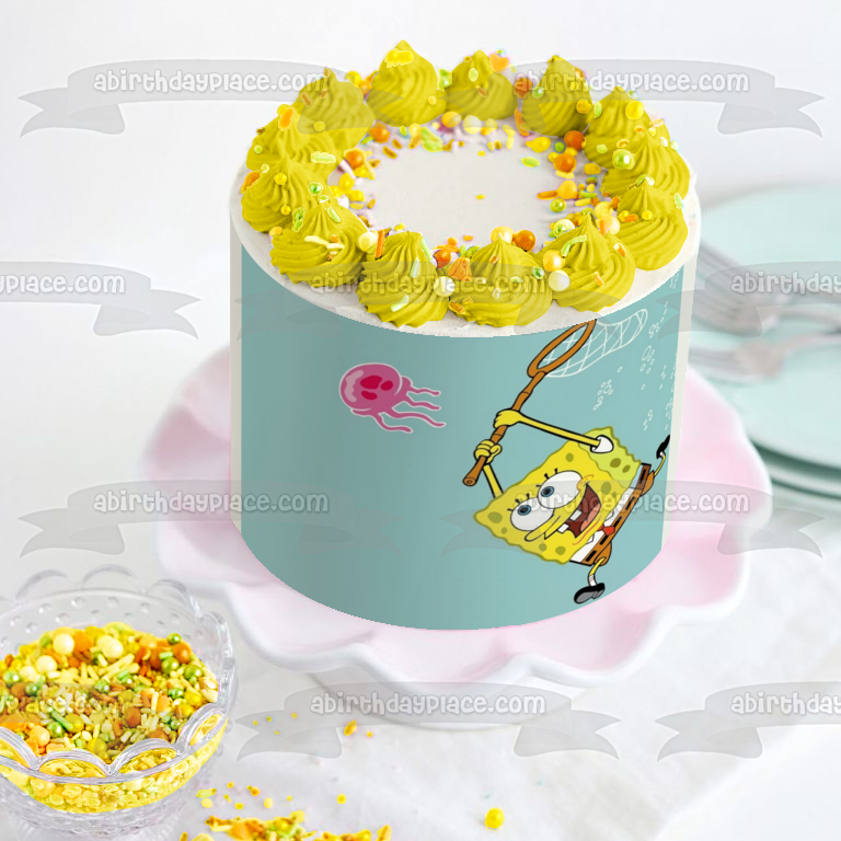 SpongeBob SquarePants Sponge Bob Square Pants and a Jellyfish Net Edible Cake Topper Image ABPID01818