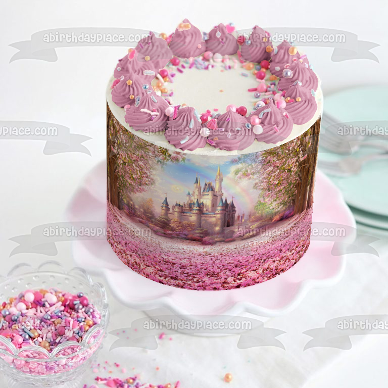 Castle Double Rainbow and Flowers Roses Pink Edible Cake Topper Image ABPID01977