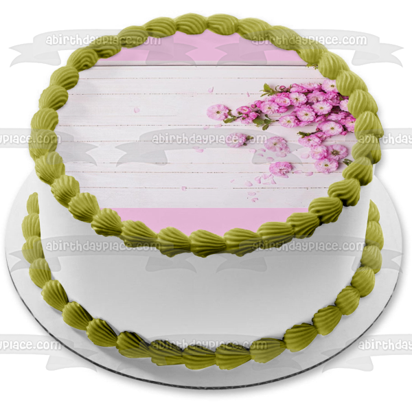 Adorno comestible para tarta con flores rosas y panel de madera blanca, imagen ABPID01984 