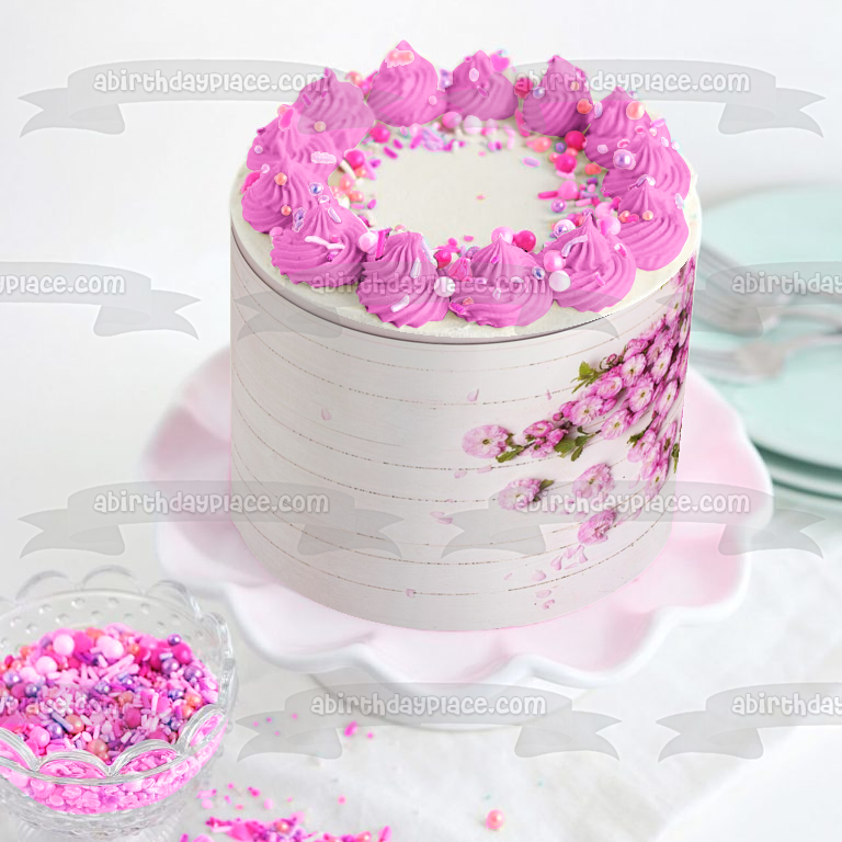 Adorno comestible para tarta con flores rosas y panel de madera blanca, imagen ABPID01984 