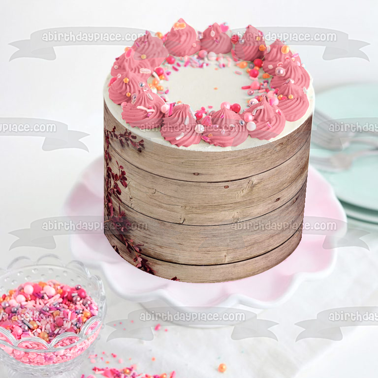 Wood Panel Red Flowers Edible Cake Topper Image ABPID01985