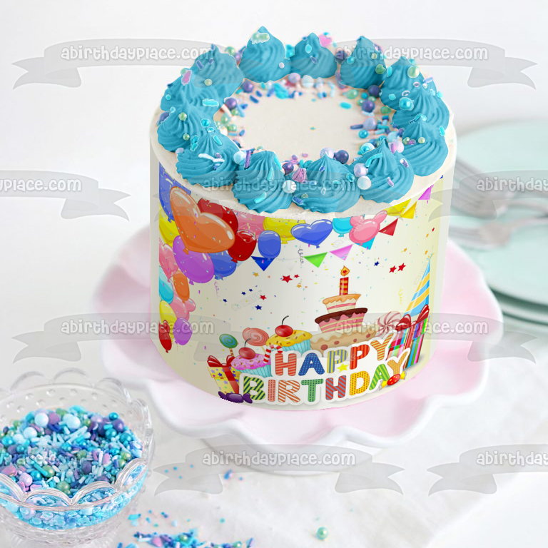 Happy birthday card with cake gifts and balloons Vector Image