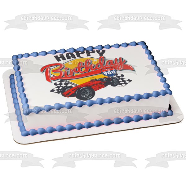 Decoración comestible para tarta con diseño de coche de carreras y banderas a cuadros, imagen ABPID03185 