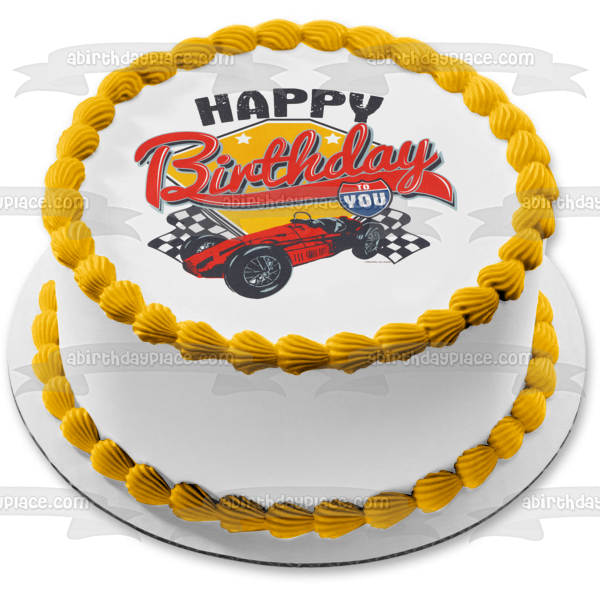 Decoración comestible para tarta con diseño de coche de carreras y banderas a cuadros, imagen ABPID03185 