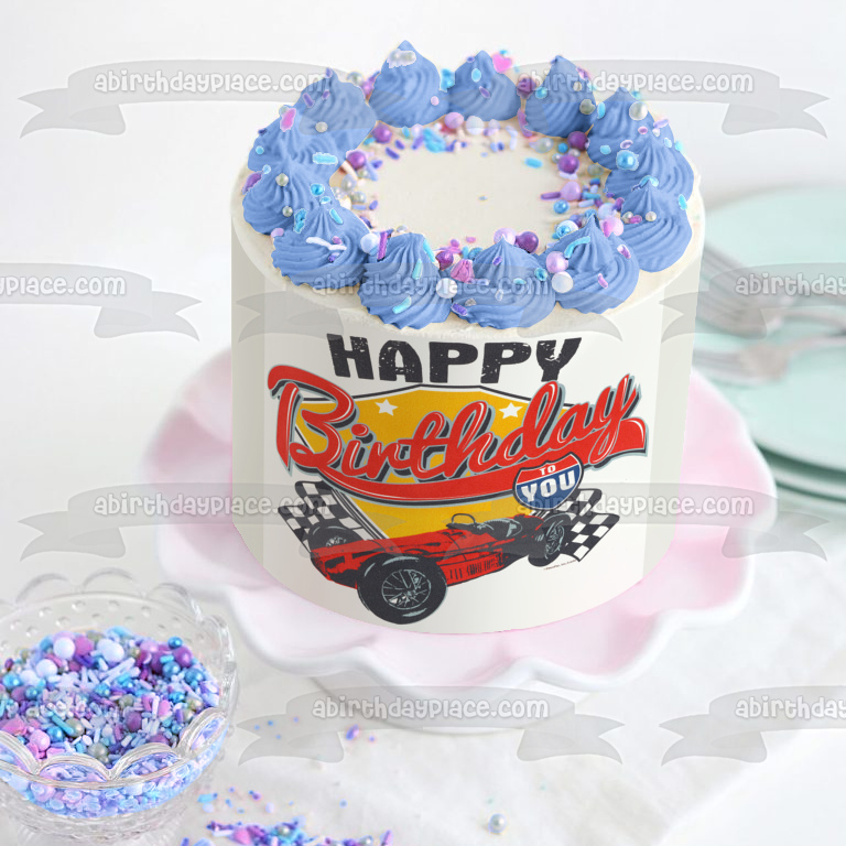 Decoración comestible para tarta con diseño de coche de carreras y banderas a cuadros, imagen ABPID03185 