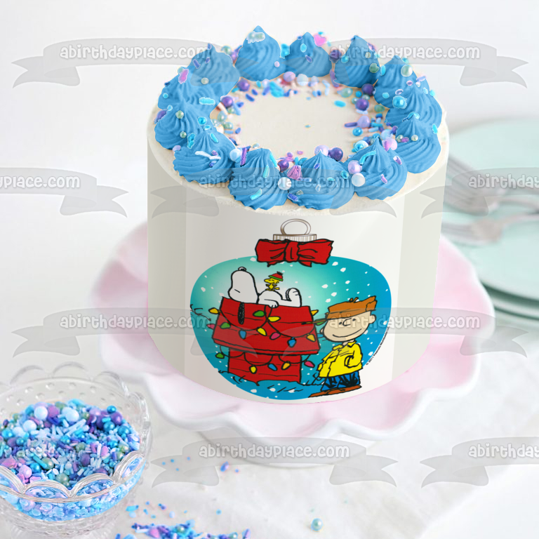 Peanuts Charlie Brown Snoopy and Woodstock at Christmas Edible Cake Topper Image ABPID03276