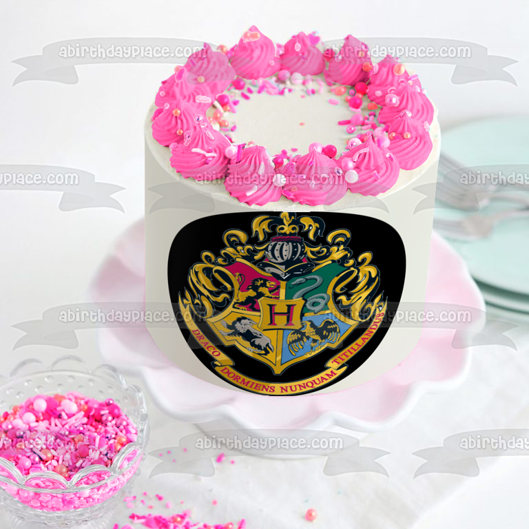 Adorno comestible para tarta con escudo de Hogwarts, león, serpiente, águila y lobo de Harry Potter, imagen ABPID03283 