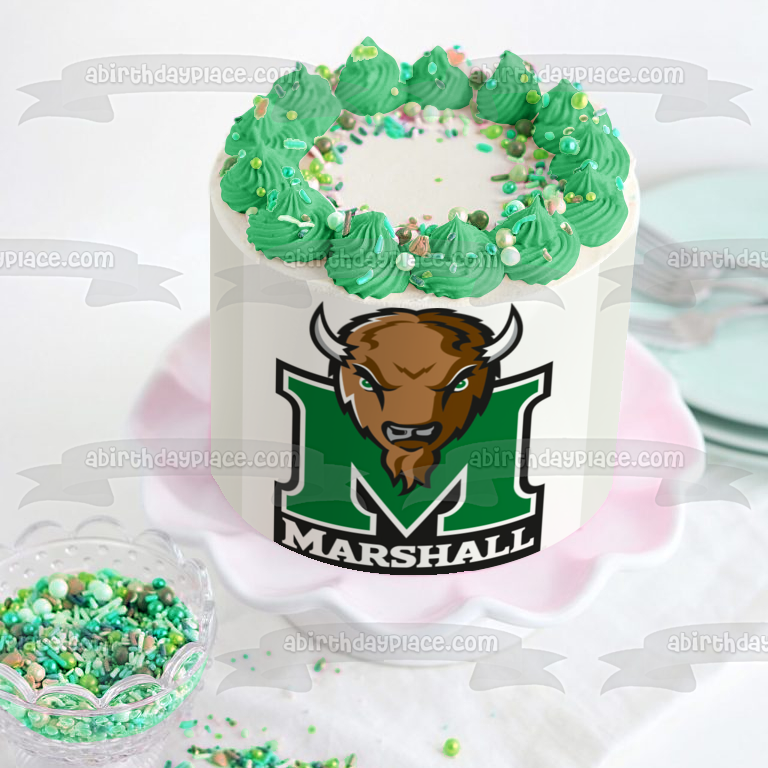 Logotipo de Thundering Herd de la Universidad Marshall Deportes con una imagen comestible para decoración de tarta de búfalo ABPID03385 