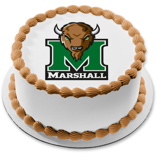 Logotipo de Thundering Herd de la Universidad Marshall Deportes con una imagen comestible para decoración de tarta de búfalo ABPID03385 