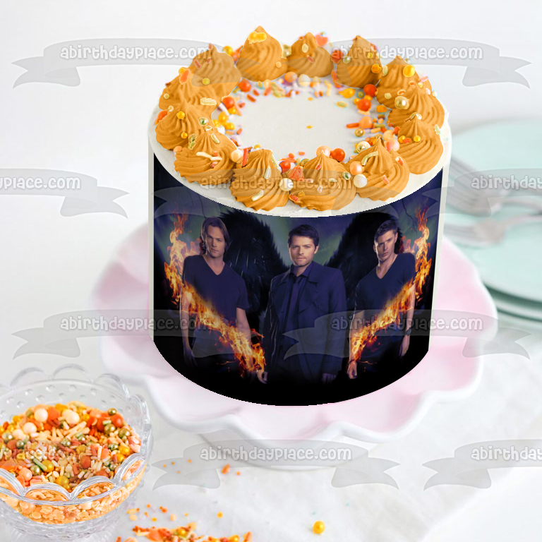 Imagen comestible para tarta con alas de fuego sobrenaturales Sam Winchester Castiel y Dean Winchester ABPID03392 