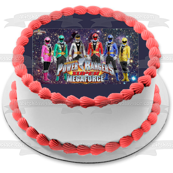 Saban's Power Rangers Super Mega Force Pink Ranger Green Ranger Red Ranger Yellow Ranger Blue Ranger Gold Ranger and the White Ranger Edible Cake Topper Image ABPID03403