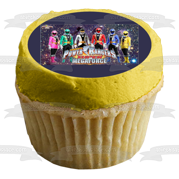 Saban's Power Rangers Super Mega Force Pink Ranger Green Ranger Red Ranger Yellow Ranger Blue Ranger Gold Ranger and the White Ranger Edible Cake Topper Image ABPID03403