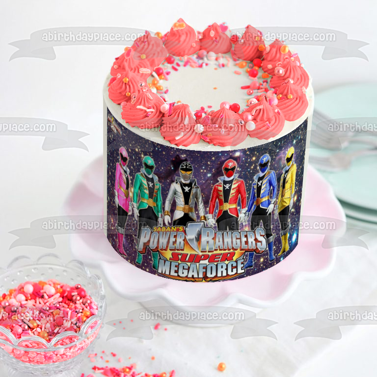 Saban's Power Rangers Super Mega Force Pink Ranger Green Ranger Red Ranger Yellow Ranger Blue Ranger Gold Ranger and the White Ranger Edible Cake Topper Image ABPID03403