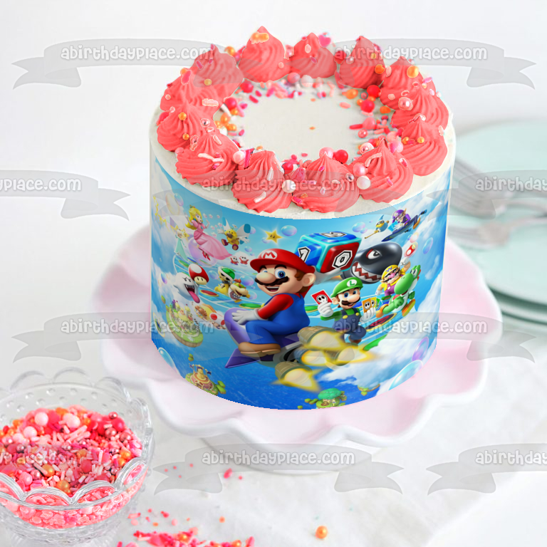 Imagen comestible para tarta de fiesta de Super Mario Brothers Luigi Yoshi y Mario ABPID03597 