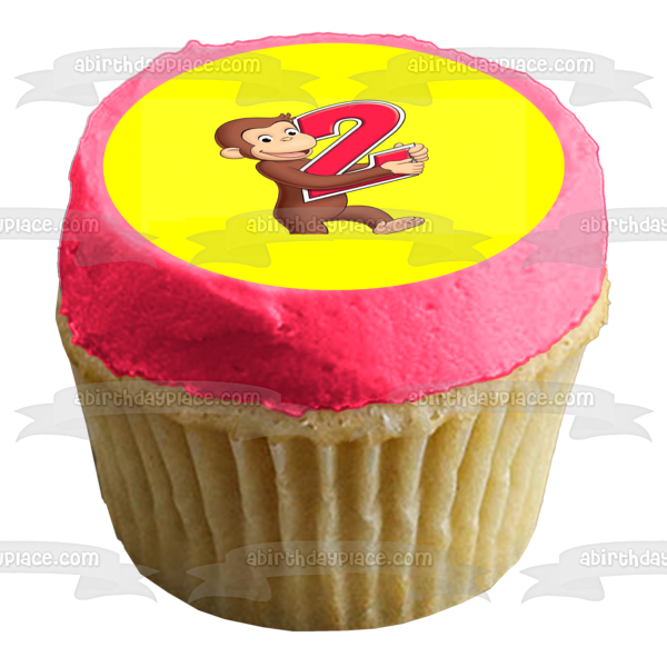 Curious George Happy 2nd Birthday Number 2 with a Yellow Background Edible Cake Topper Image ABPID03621