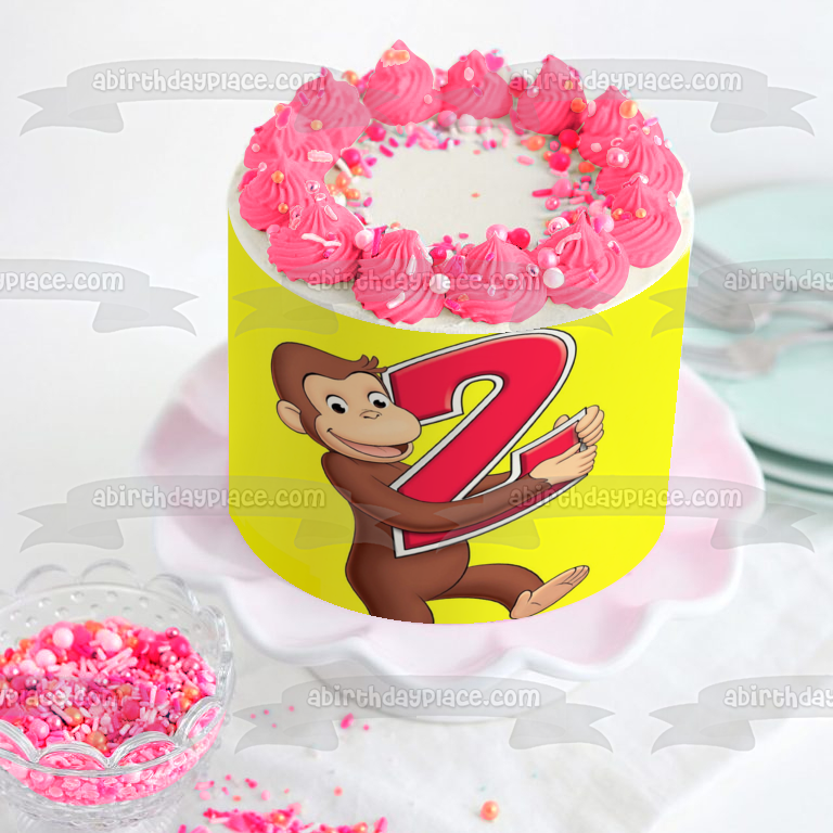 Curious George Happy 2nd Birthday Number 2 with a Yellow Background Edible Cake Topper Image ABPID03621