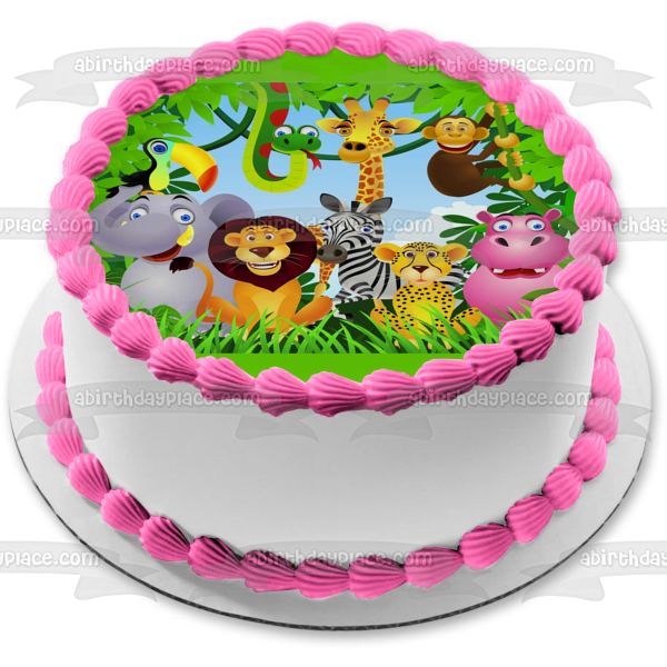 Animales de safari en la selva, elefante, serpiente, mono, jirafa, cebra, leopardo, león, hipopótamo y un tucán, decoración comestible para tarta, imagen ABPID03488 