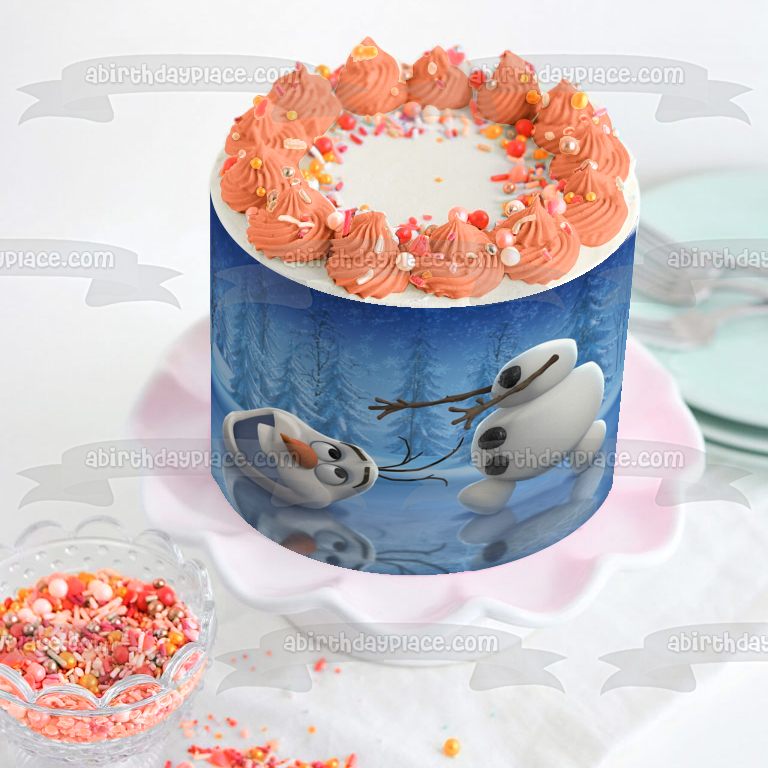 Frozen Olaf Trees and a Frozen Lake Edible Cake Topper Image ABPID03490