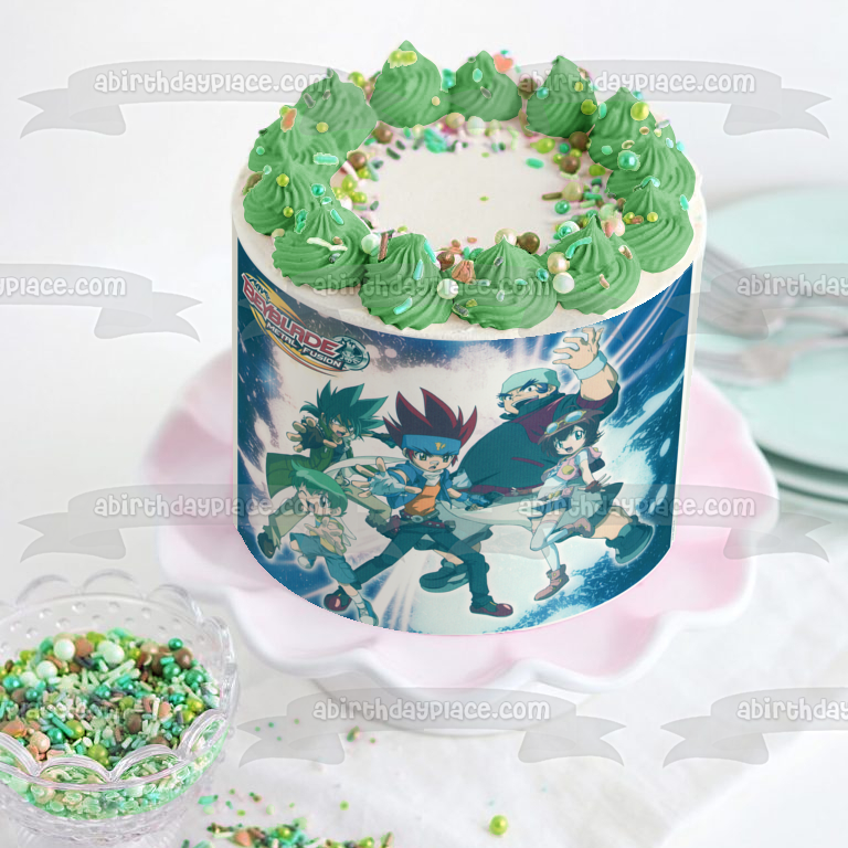 Beyblade Metal Fusion Logo Valt Aoi Wakiya Komurasaki Ken Midori Ray and Kon Edible Cake Topper Image ABPID03642