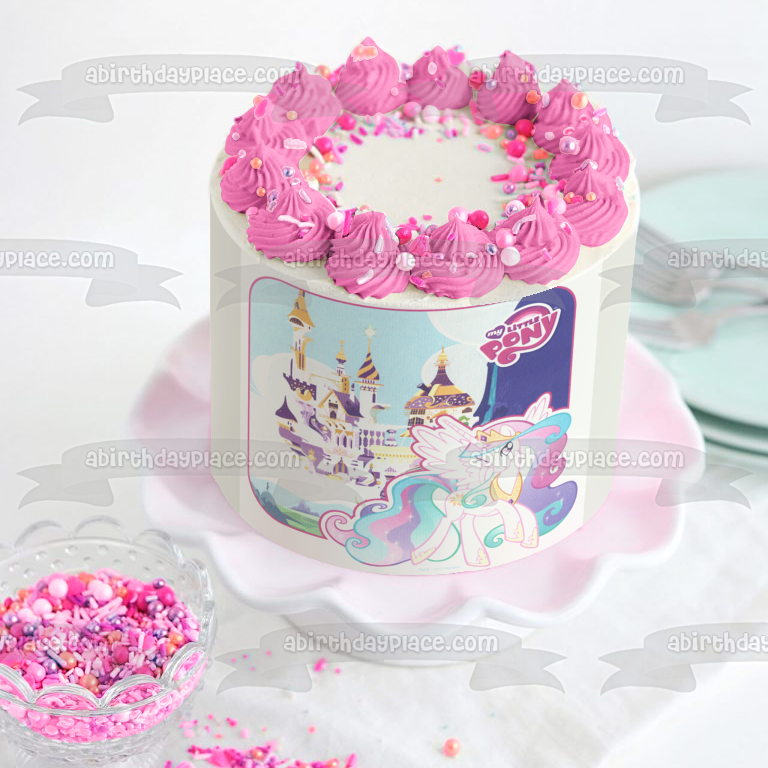 Adorno comestible para tarta con el logotipo de My Little Pony, castillo y Pinkie Pie, imagen ABPID03674 