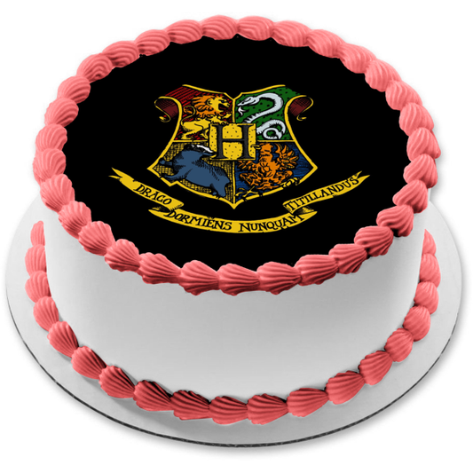 Harry Potter Hogwarts Crest Lion Snake Eagle Wolf Draco Dormiens Nunquam Titillandus Edible Cake Topper Image ABPID03682