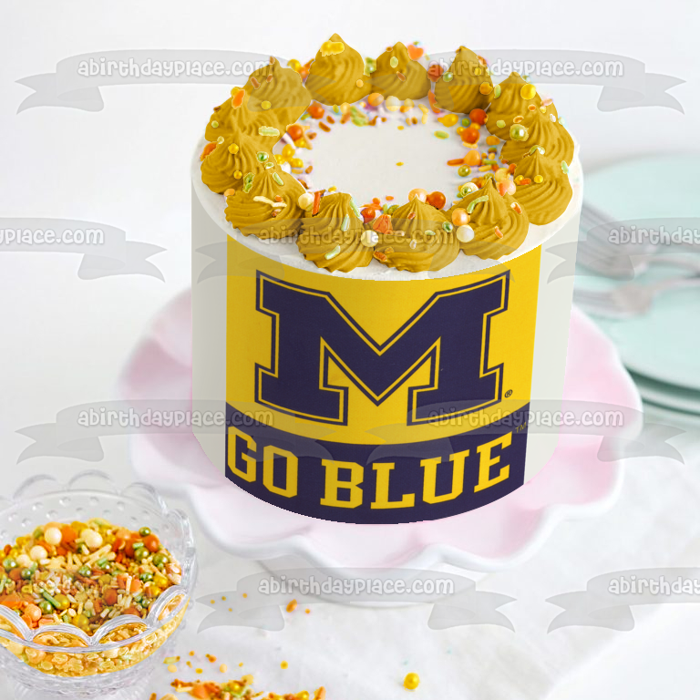 Imagen comestible para tarta con logotipo de atletismo Go Blue de la Universidad de Michigan ABPID03765 