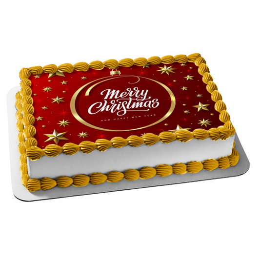 Merry Christmas and Happy New Year Stars Christmas Bulb Edible Cake Topper Image ABPID53044