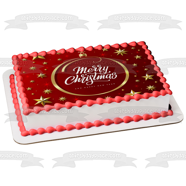 Merry Christmas and Happy New Year Stars Christmas Bulb Edible Cake Topper Image ABPID53044