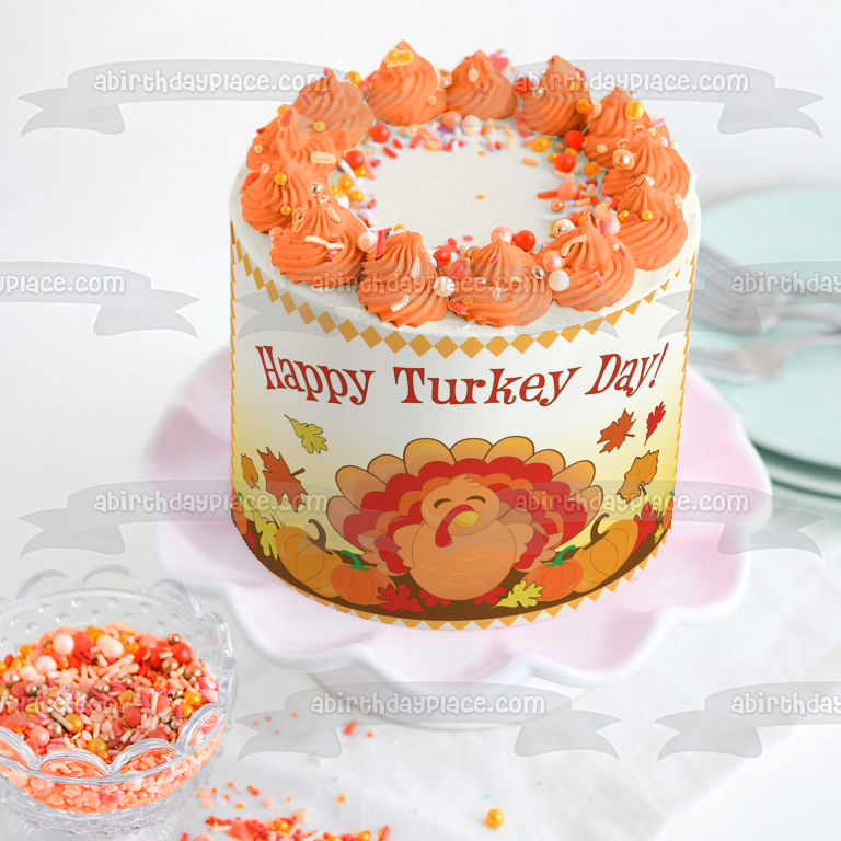 Happy Turkey Day Turkey Pumpkins Leaves Edible Cake Topper Image ABPID13511