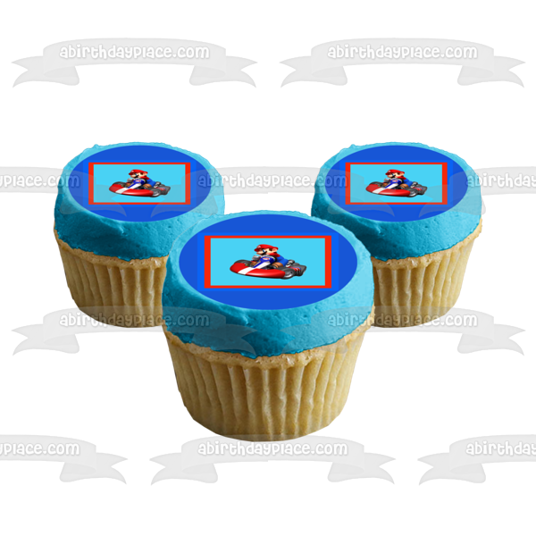 Mario Kart Mario Red Blue Border Edible Cake Topper Image ABPID04092